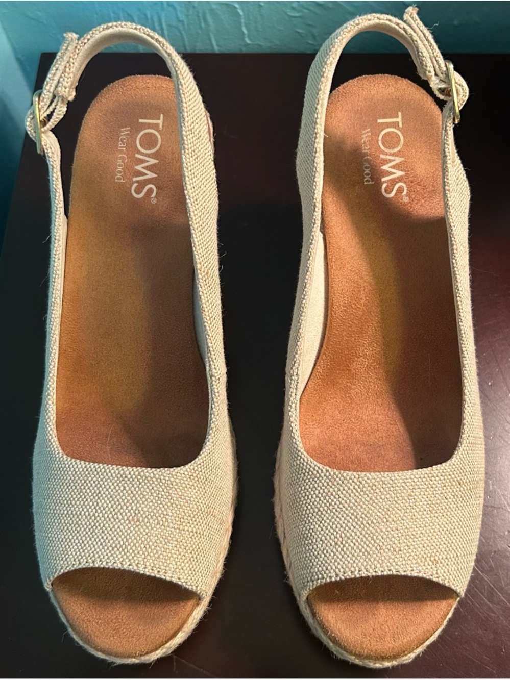 TOMS Natural Canvas Espadrille Wedge Sandals Size 8 EUC